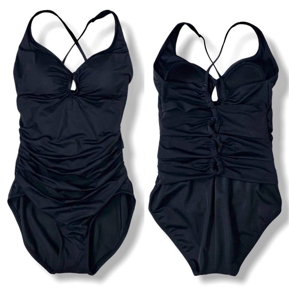 Coastal Blue Womens One Piece Ruched Swimsuit Small Black Keyhole NWOT